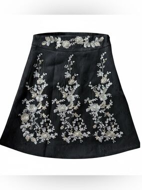 Vintage Black beaded Sequined  Embroidered Floral A-Line Skirt